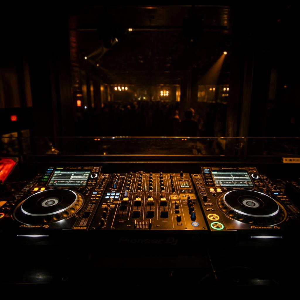 Professional DJ decks and mixer at a club night