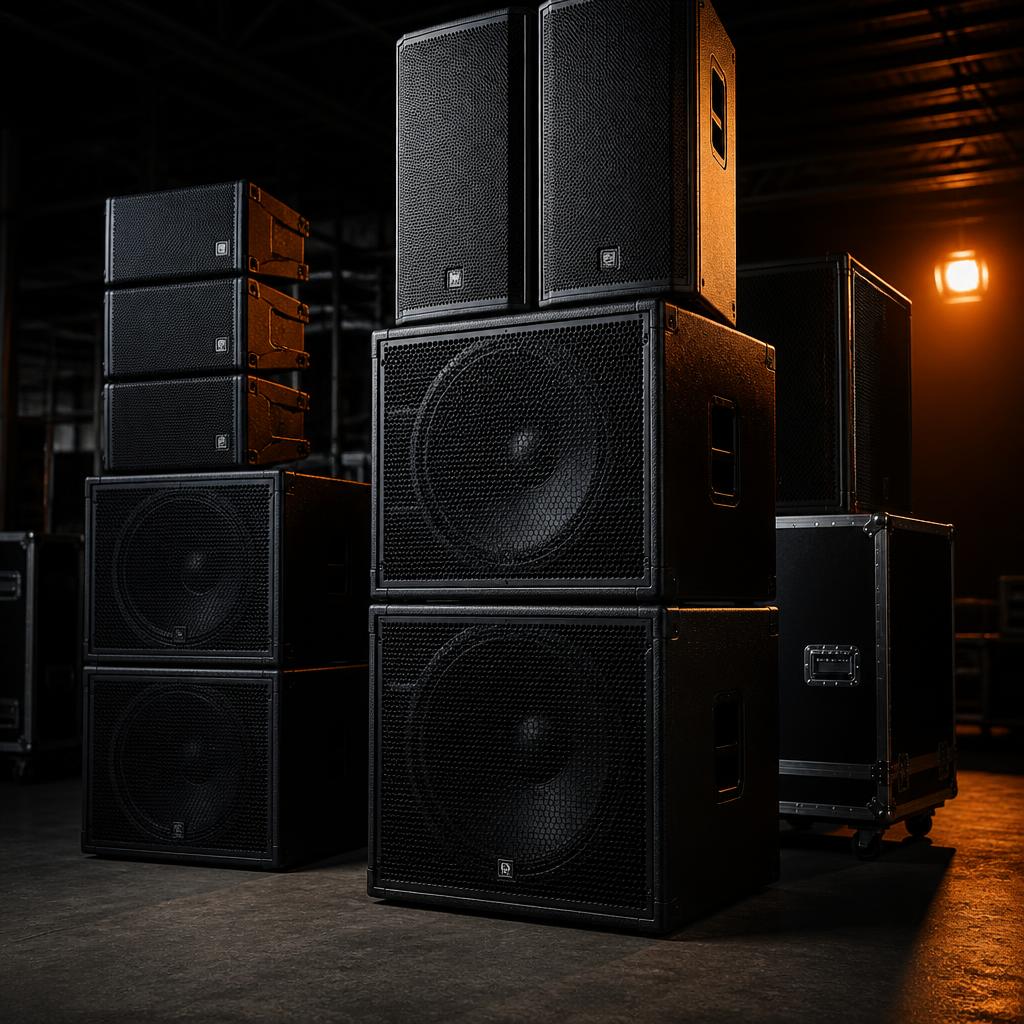 Stacked professional PA speakers and subwoofers ready for rental